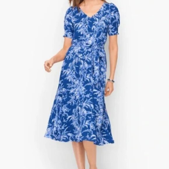 Talbots Blue Floral Etched Toile Smocked Fit and  Flare Dress 2 - Picture 1 of 10